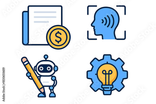 Technology and business icons set featuring writing, finance, biometrics, and innovation symbols