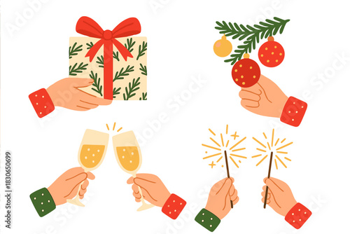 Hands holding festive items: gift box, ornaments, champagne glasses, and sparklers