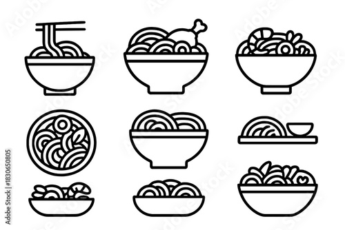 Asian noodle dishes in bowls featuring ramen, chicken, and shrimp options
