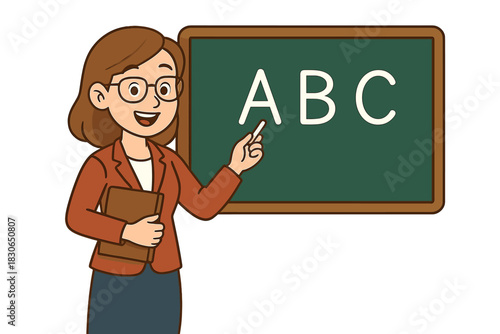 Professional female teacher pointing at a chalkboard with ABC letters during a lesson