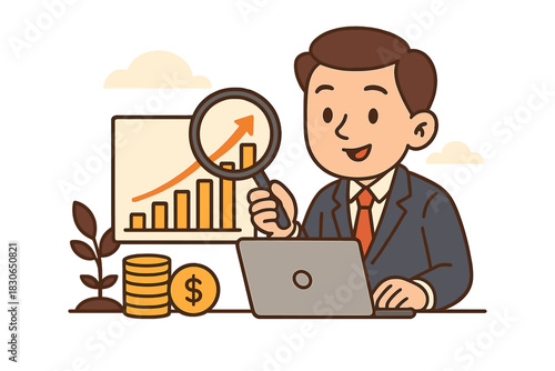 Businessman analyzing financial growth data with magnifying glass and laptop for investment strategy
