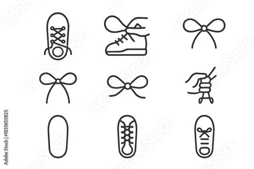 Sequence of steps for tying shoelaces, including bow knots and footwear lacing patterns