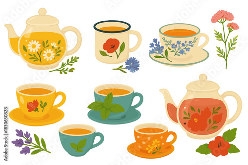 Colorful herbal tea elements including teapots, cups, mugs, and blooming flowers