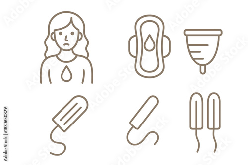 Essential feminine hygiene products and menstrual cycle discomfort symbols collection