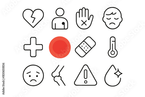 Minimal line graphics depicting health conditions, medical emergencies, and emotional states