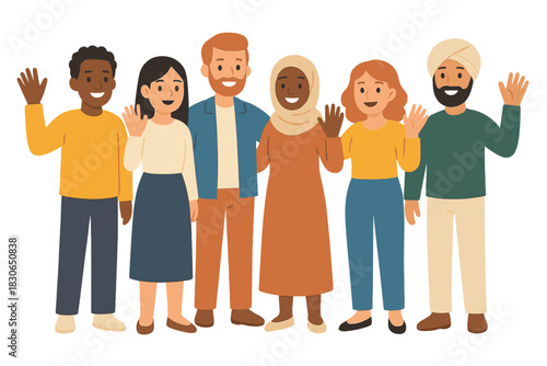 Diverse group of six adults standing together and waving hello with happy smiles