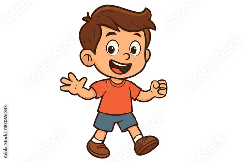 Energetic young boy with a wide smile walking or running in a playful pose