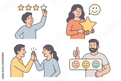 People rating services and giving positive feedback for customer satisfaction and business success