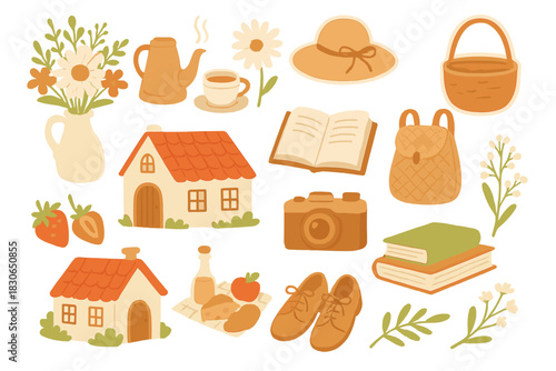 Set of cozy rustic objects including small houses, picnic items, flowers, and travel gear