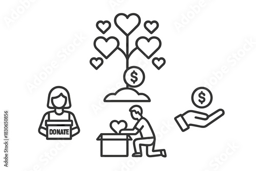 Minimal line icons set for charity, donation, giving, and philanthropic activities