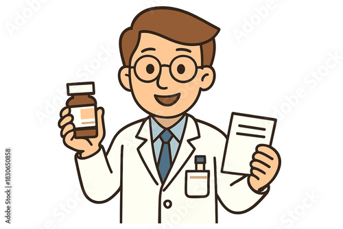 Smiling male healthcare worker holding prescription paper and medicine bottle