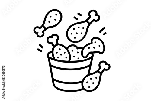 Crispy fried chicken drumsticks overflowing from a striped fast food takeout bucket