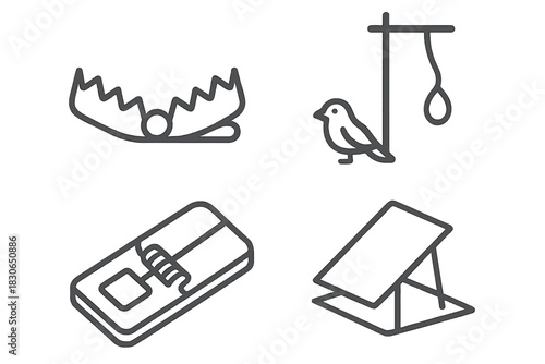 Collection of animal traps including bear trap, mousetrap, jaw trap, and bird snare