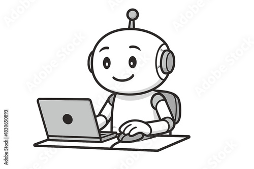 Friendly cartoon robot character working on a laptop computer using a mouse at a desk