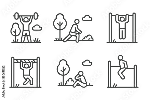 People exercising outdoors doing fitness, weightlifting, and calisthenics activities