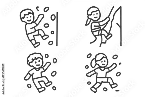 Active children and youth participating in various rock climbing and bouldering sports