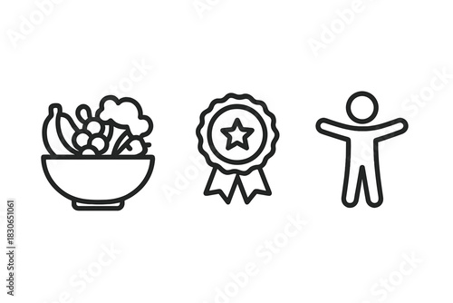 Minimalist outline icons set representing nutrition, achievement, and human success concepts