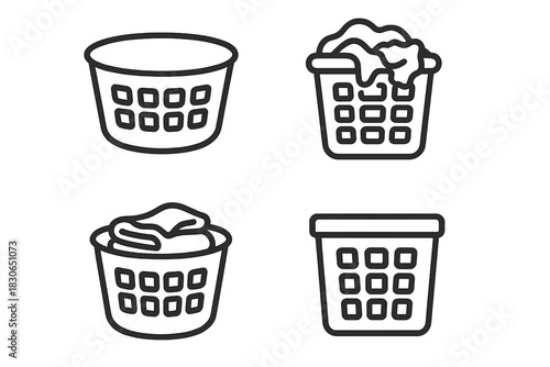 Collection of four outline icons depicting various states of laundry baskets, empty and filled with clothes