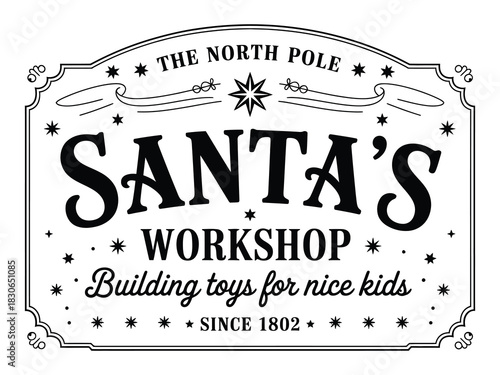 Santa’s workshop direction sign on white, holiday-themed wooden board in red and green, suitable for Christmas marketing, seasonal decorations, greeting cards, invitations