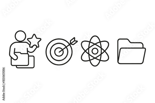 Simple black and white line icons representing business goals and scientific organization