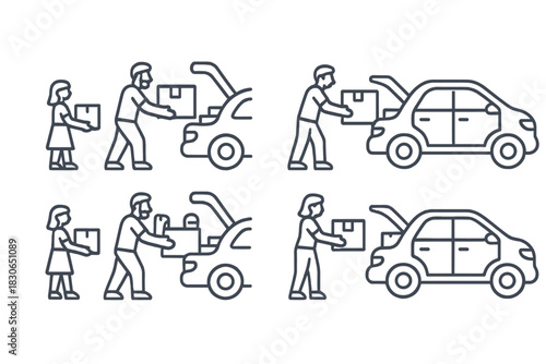 People loading and unloading cardboard boxes into a car trunk for delivery or moving