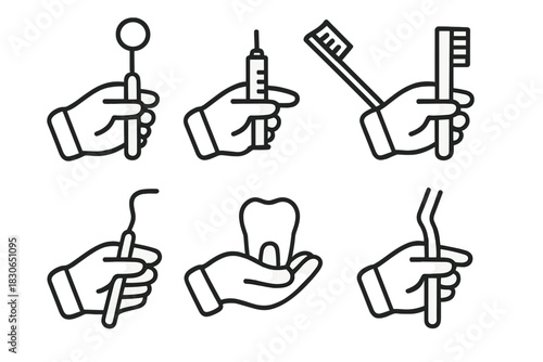 Hands holding dentist equipment, oral care items, and a molar tooth
