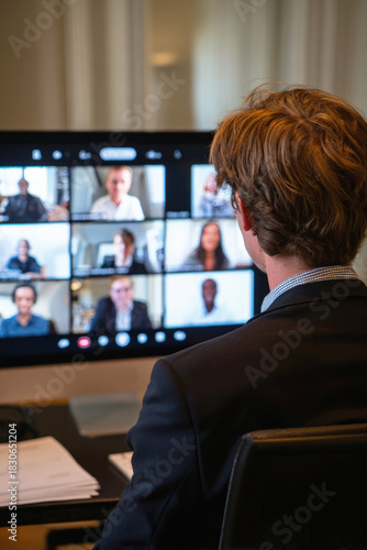 Businessman attending virtual video conference on computer screen with multiple participants, working remotely from office during online team meeting or professional discussion. Selective focus.