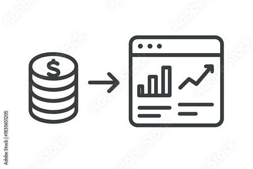 Stack of dollar coins pointing to a web browser window displaying a rising bar graph and financial data