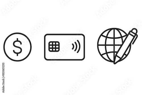 Financial transaction and global communication icons for business applications