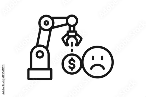 Robotic arm stealing money from sad face icon representing job loss and automation anxiety