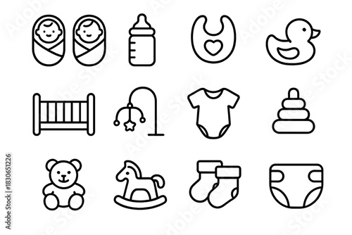 Minimalist black line art of essential items for newborn babies and infants