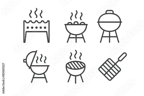 Collection of barbecue and grilling tools for outdoor summer cooking and picnic activities