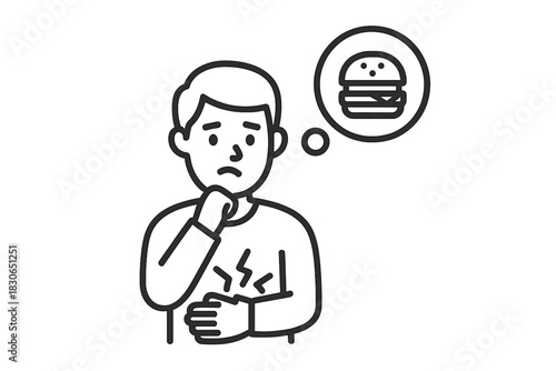 Man with stomach pain and intense hunger craving an unhealthy burger