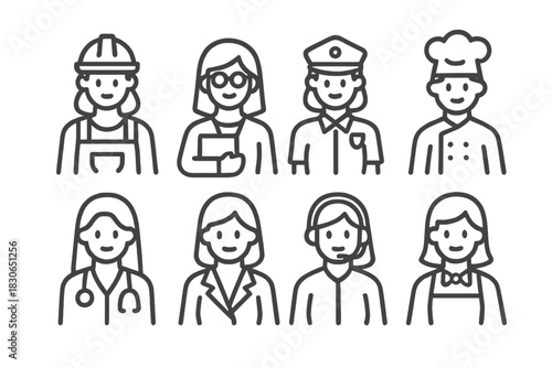 Diverse women professionals set including doctor, chef, police officer, and construction worker