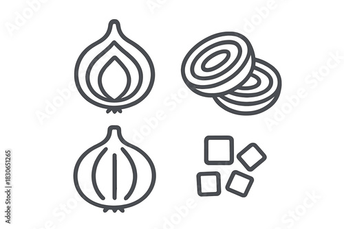 Whole, sliced rings, and diced pieces of fresh onion for cooking ingredients preparation