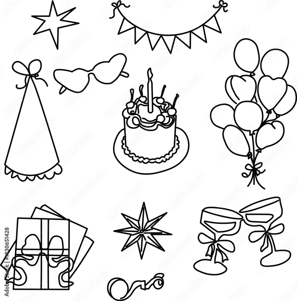 Fototapeta premium Collection of hand drawn, doodle-style illustrations related to birthday party or celebration. set of cake, candle, balloons, gift boxes and banner. Vector illustration