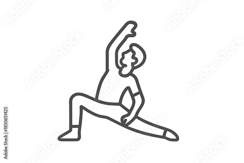 Monochrome figure in a deep lunge stretch position with the torso extended and one arm reaching high