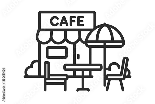 Cafe storefront exterior with outdoor seating, table, chairs, and umbrella