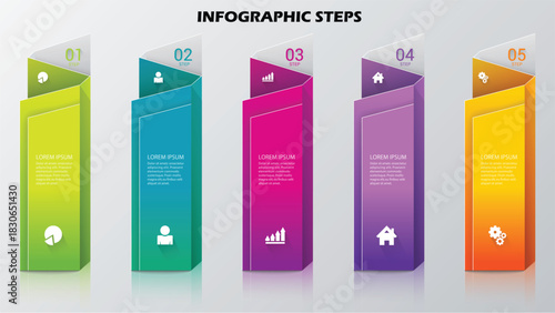 Dynamic infographic steps with vibrant colors to showcase business process, modern presentation for data visualization, strategy timeline and creative project milestones