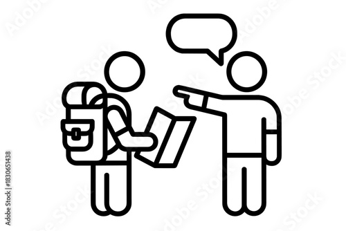 Tourist with backpack consulting a map and receiving directions from a helpful person