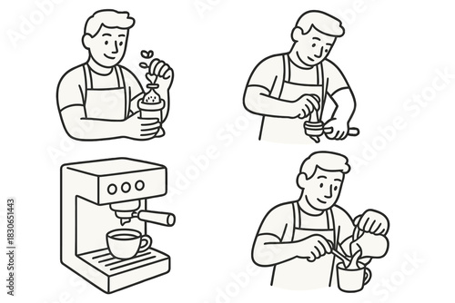 Barista making latte art and preparing espresso using professional coffee machine