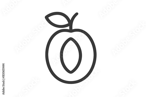 Minimalist outline icon of a halved stone fruit featuring a leaf and stem detail
