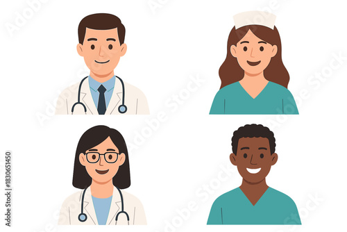 Diverse group of smiling healthcare workers including doctors and nurses in professional uniforms