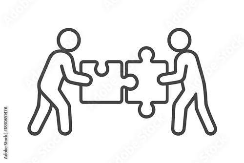 Two figures connecting puzzle pieces symbolizing business teamwork and collaboration