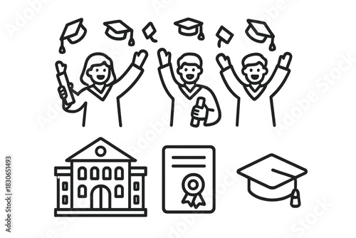 Academic success symbols with students, university, diploma, and graduation caps