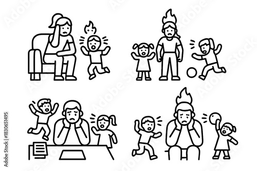 Scenes of parental exhaustion and stress with children running, screaming, and demanding attention