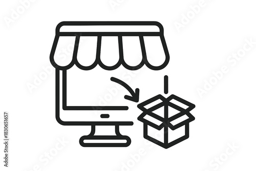 E-commerce order fulfillment process with computer monitor storefront and shipping box