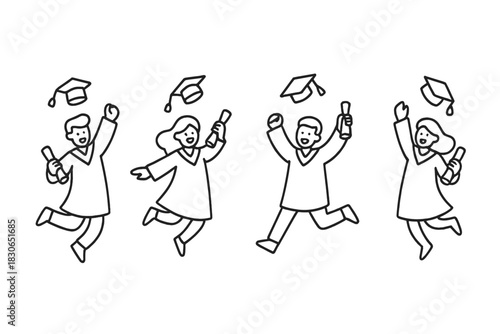 Excited university graduates jumping in the air holding diplomas and throwing their academic caps