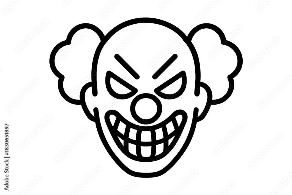 Fototapeta premium Scary evil clown face icon with menacing grin and angry eyes in outline style
