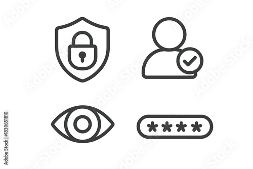 Digital security and data privacy line icons including shield, padlock, and user verification symbols